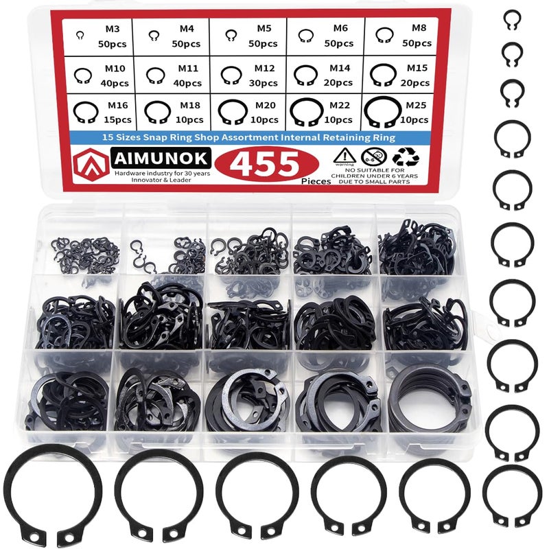 AIMUNOK 455Pcs External Retaining Rings Snap Rings Assortment Kit, External C-Clip Set Carbon Steel, 15 Sizes Circlip Snap Rings M3 - M25 - Image 1